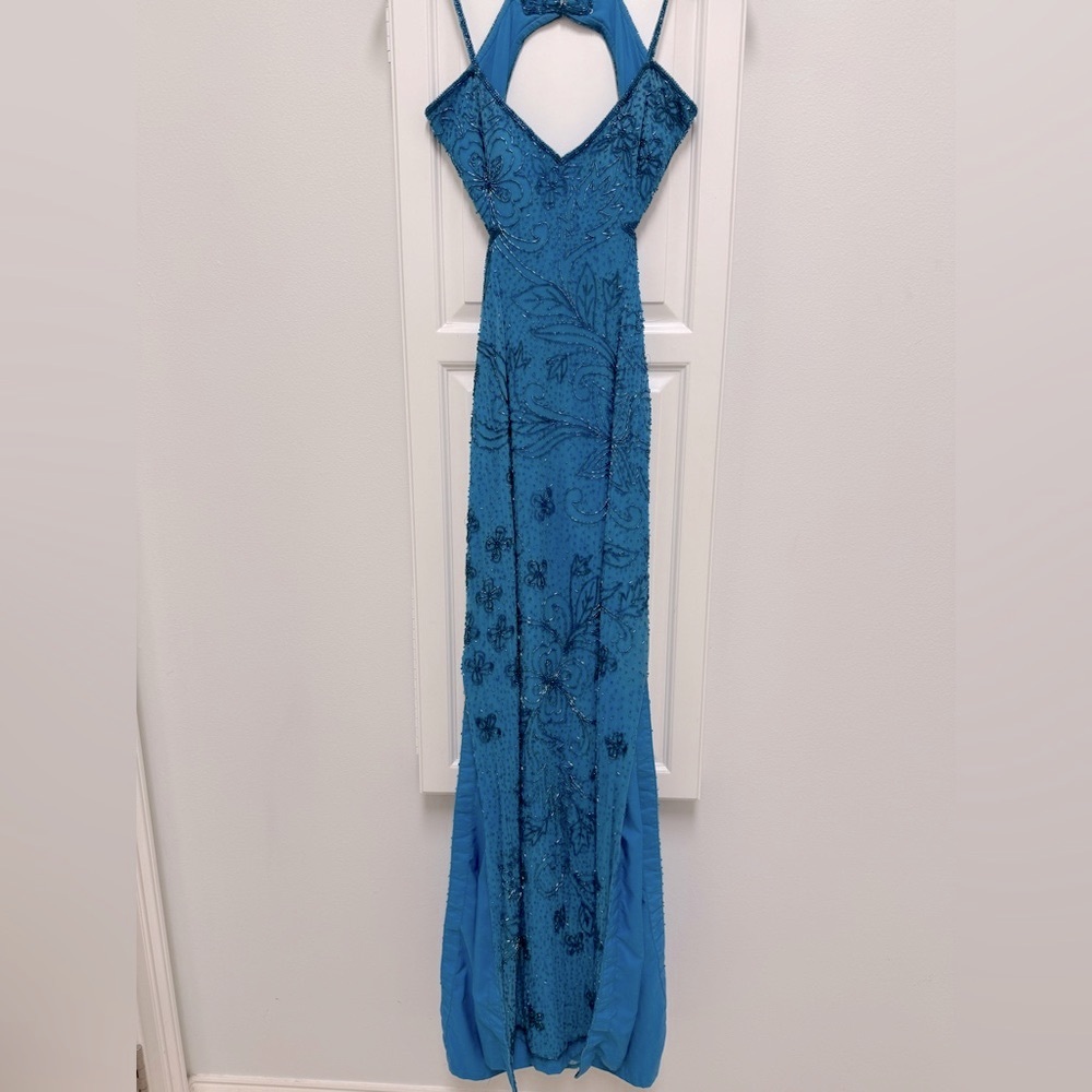 Sean Collection Beaded Blue Backless Sleeveless Gown